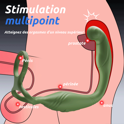 Masseur prostatique vibrant et oscillant Logan 10 avec 2 anneaux de pénis pour hommes et couples homosexuels