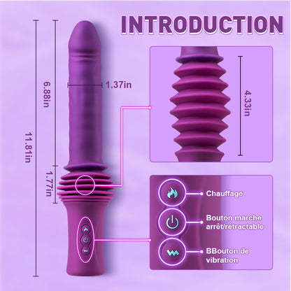 Dildo amélioré extra-long de 4,33 pouces avec base réglable à 145°, fonction chauffante et vibrante